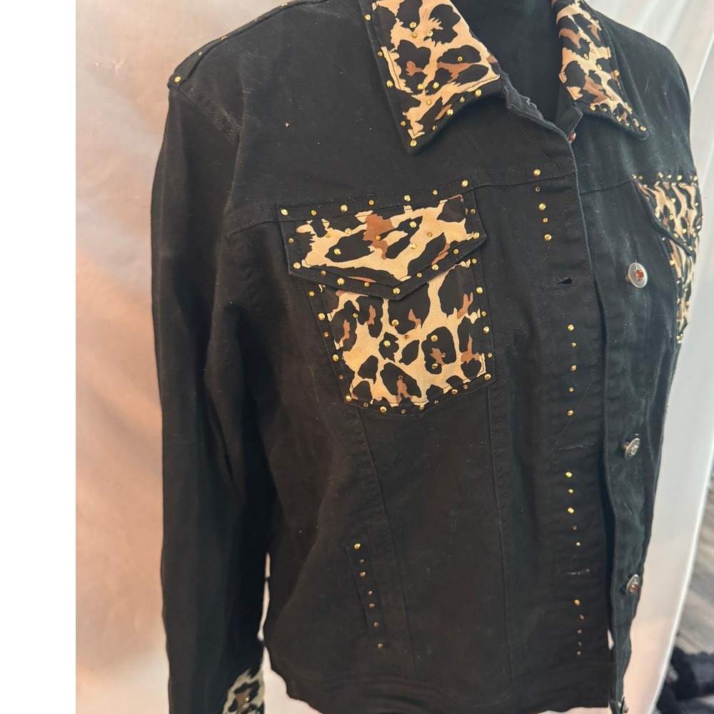 Janie New York Black Denim Jacket Leopard Print Studded Trucker Women Large - Picture 3 of 13